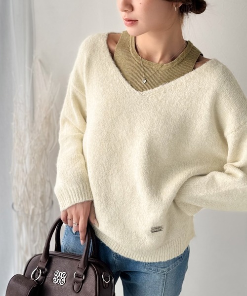 mily bilet(ミウィビレット)の「【mily bilet】ニット×タンクの着まわし自在セットアップ!プレート使い異素材ニットレイヤードオフショル見せアンサンブルニット(ニット/セーター・レディース・チャコールグレー/アイボリー/ブラウン・LARGE/MEDIUM/SMALL/X-LARGE)」の5枚目の写真