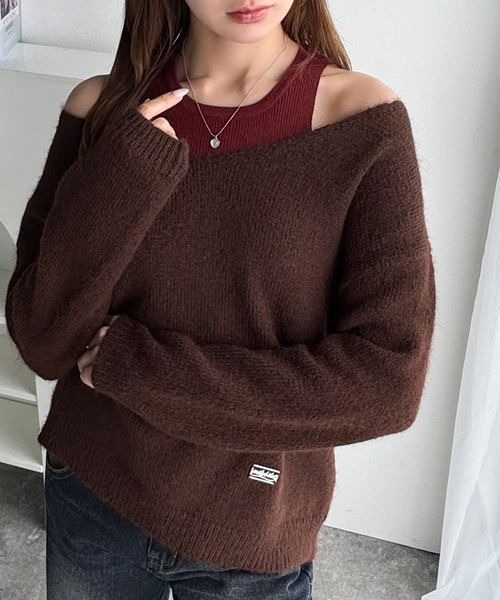 mily bilet(ミウィビレット)の「【mily bilet】ニット×タンクの着まわし自在セットアップ!プレート使い異素材ニットレイヤードオフショル見せアンサンブルニット(ニット/セーター・レディース・チャコールグレー/アイボリー/ブラウン・LARGE/MEDIUM/SMALL/X-LARGE)」の6枚目の写真