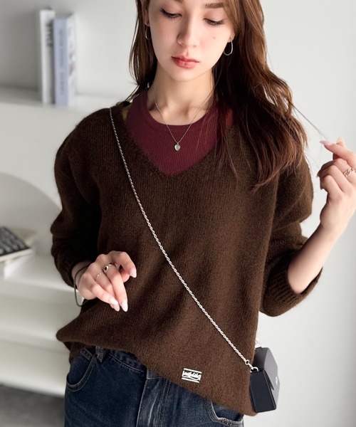 mily bilet(ミウィビレット)の「【mily bilet】ニット×タンクの着まわし自在セットアップ!プレート使い異素材ニットレイヤードオフショル見せアンサンブルニット(ニット/セーター・レディース・チャコールグレー/アイボリー/ブラウン・LARGE/MEDIUM/SMALL/X-LARGE)」の9枚目の写真