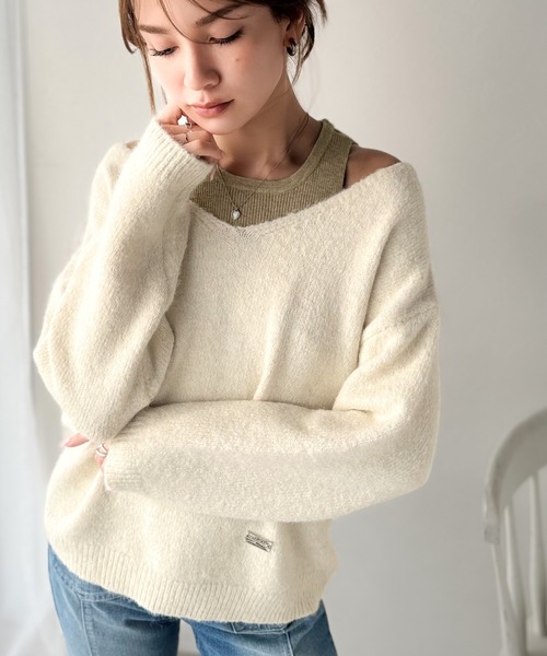 mily bilet(ミウィビレット)の「【mily bilet】ニット×タンクの着まわし自在セットアップ!プレート使い異素材ニットレイヤードオフショル見せアンサンブルニット(ニット/セーター・レディース・チャコールグレー/アイボリー/ブラウン・LARGE/MEDIUM/SMALL/X-LARGE)」の8枚目の写真