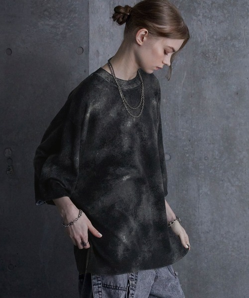 SERACE(セラス)の「【SERACE】Loose silhouette abstract sheer short sleeve knit / ルーズシルエットアブストラクトシアー半袖ニット(Tシャツ/カットソー・メンズ・ブラック・S/M/L)」の4枚目の写真