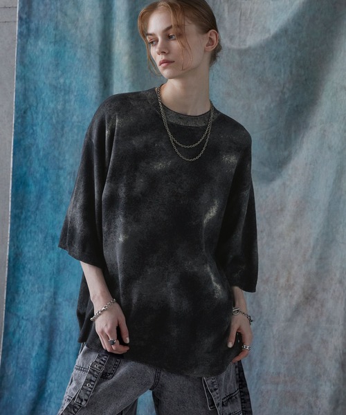 SERACE(セラス)の「【SERACE】Loose silhouette abstract sheer short sleeve knit / ルーズシルエットアブストラクトシアー半袖ニット(Tシャツ/カットソー・メンズ・ブラック・S/M/L)」の5枚目の写真