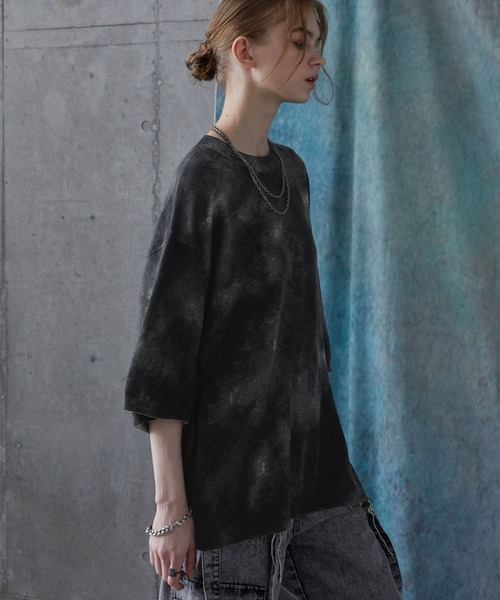 SERACE(セラス)の「【SERACE】Loose silhouette abstract sheer short sleeve knit / ルーズシルエットアブストラクトシアー半袖ニット(Tシャツ/カットソー・メンズ・ブラック・S/M/L)」の6枚目の写真