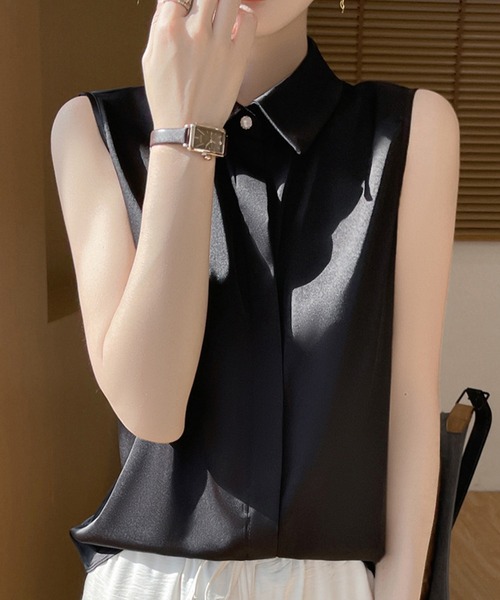DAY CLOSET(デイ クローゼット)の「【大きいサイズ有】きれいめ サテン風 ラウンドヘム ノースリーブ ブラウス レディース(シャツ/ブラウス・レディース・ブラック/ブルーグレー/ブラウン/ホワイト/ピンクベージュ・XL/M/L/S/2XL)」の15枚目の写真