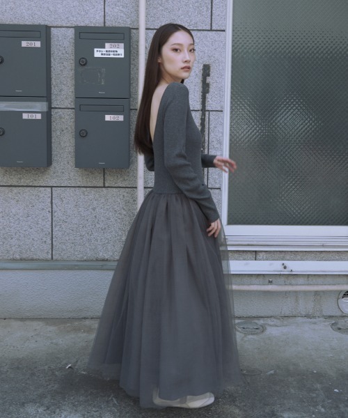rib knit volume tulle one-piece