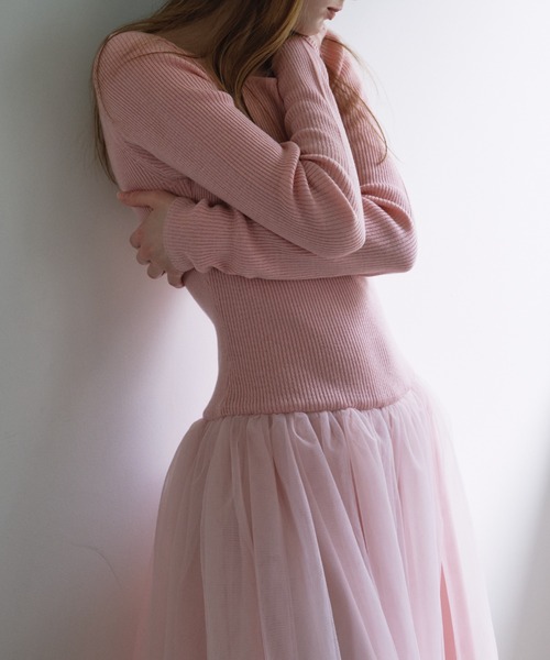 HONEY MI HONEY（ハニーミーハニー）の「rib knit volume tulle one-piece（ワンピース・レディース・グレー/ブラック/ピンク/アイボリー・FREE）」の8枚目の写真