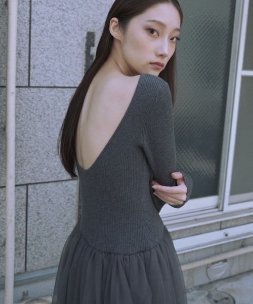 rib knit volume tulle one-piece（ワンピース）｜HONEY MI