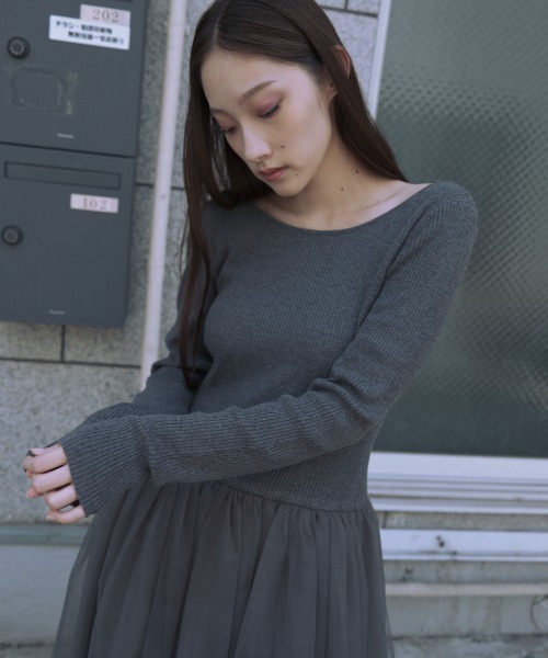 HONEY MI HONEY（ハニーミーハニー）の「rib knit volume tulle one-piece（ワンピース・レディース・グレー/ブラック/ピンク/アイボリー・FREE）」の14枚目の写真
