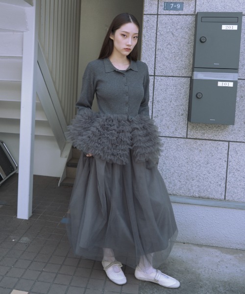 rib knit volume tulle one-piece（ワンピース）｜HONEY MI