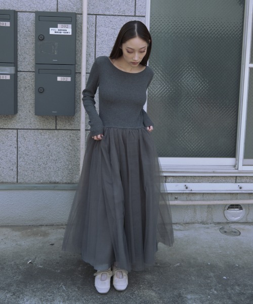 rib knit volume tulle one-piece（ワンピース）｜HONEY MI