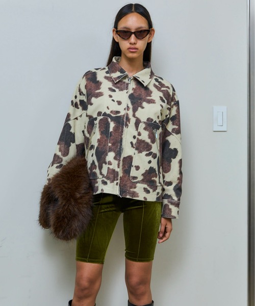 2way Collar Cow Printed Vegan Leather Blouson/2WAYカラーCOW