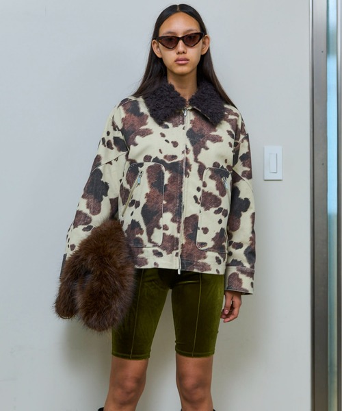 2way Collar Cow Printed Vegan Leather Blouson/2WAYカラーCOW