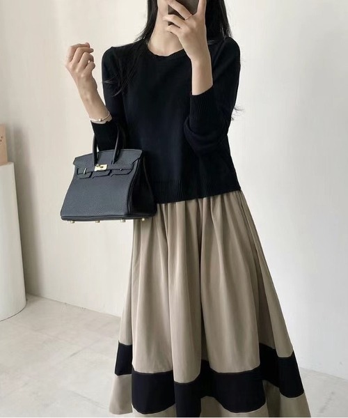 MAISON DE THERESE(メゾン ド テレーズ)の「パッチワーク ロングスリーブ ワンピース(ワンピース・レディース・ブラック/ベージュ・FREE)」の3枚目の写真