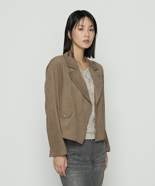 K.T KIYOKO TAKASE(キヨコタカセ)の「ストレッチスエード調 ライダースジャケット(ライダースジャケット・レディース・モカ/ブラック・7号/11号/9号)」の1枚目の写真