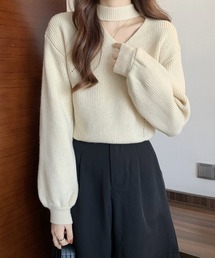 チョーカーネックニットプルオーバー 長袖 オフィスカジュアル きれいめカジュアル レディース韓国