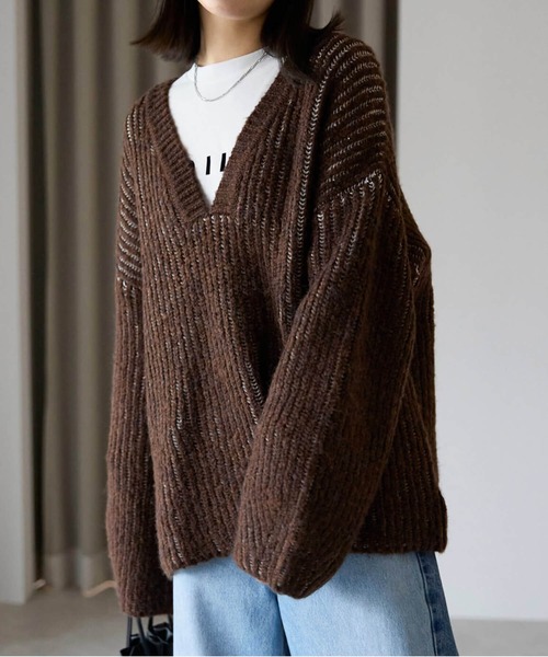 セール】オーバーサイズ畦編みVネックニット（ニット/セーター