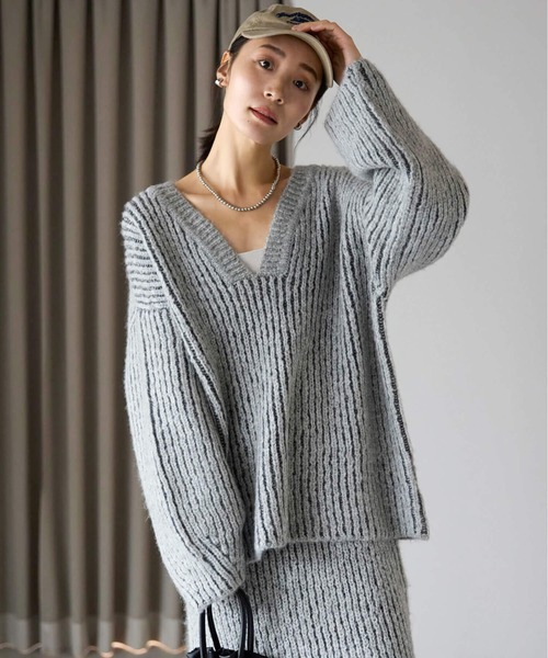 セール】オーバーサイズ畦編みVネックニット（ニット/セーター