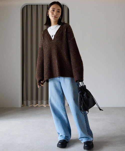 セール】オーバーサイズ畦編みVネックニット（ニット/セーター