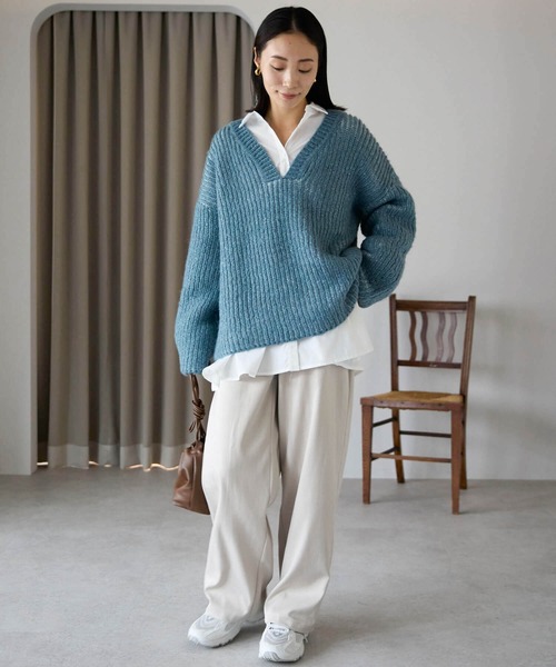 セール】オーバーサイズ畦編みVネックニット（ニット/セーター