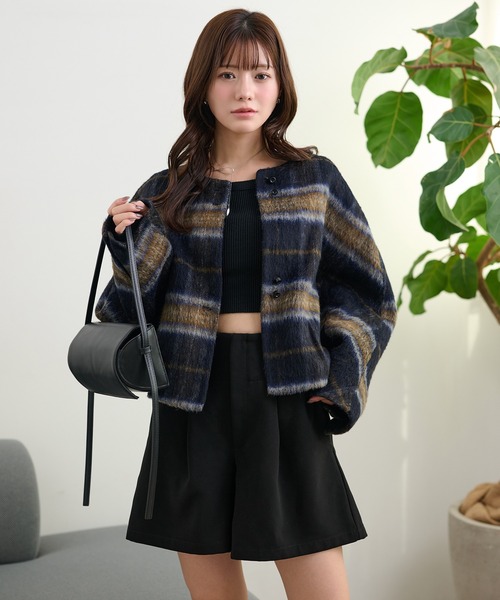 cotton wool check collarless coat /コットンウールノーカラー