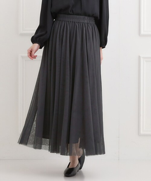SHOO・LA・RUE（シューラルー）の「【洗濯機可】セレモニーからデイリーまで ふんわり軽やか チュールギャザースカート（スカート・レディース・ライトベージュ/ブラック/グレー系その他・00）」の8枚目の写真