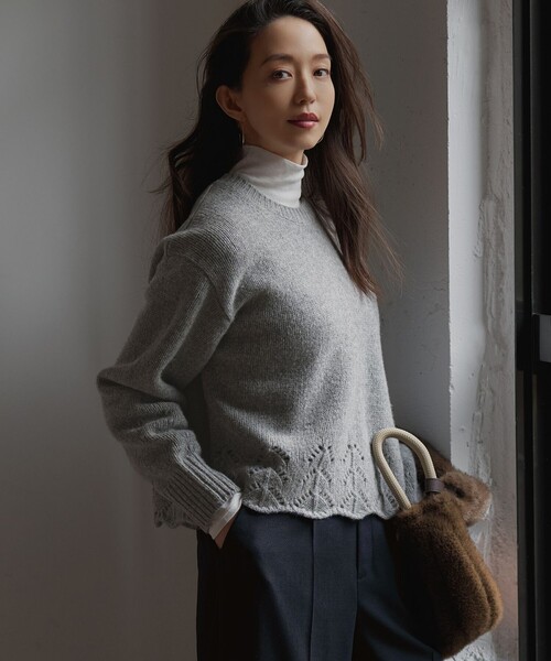 Drawer アイボリー パフスリーブニット レーシーヘムデザイン パフスリーブ ニット（ニット/セーター）｜23区