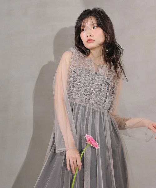 Aライン ワンピース ドレス 2点セット 結婚式 お呼ばれ オケージョンドレス チュール ロング フリル Aライン ワンピース ドレス 2点セット