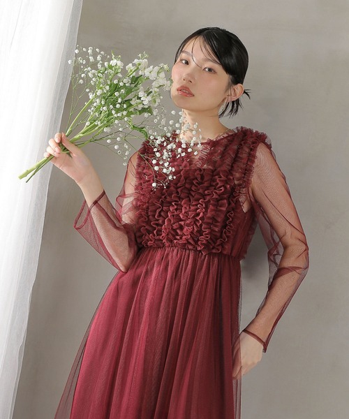 Kana（カナ）の「チュール ロング フリル Aライン ワンピース ドレス ２点セット パーティー 結婚式 お呼ばれ オケージョン（ドレス・レディース・ベージュ/チャコールグレー/バーガンディー・M）」の3枚目の写真