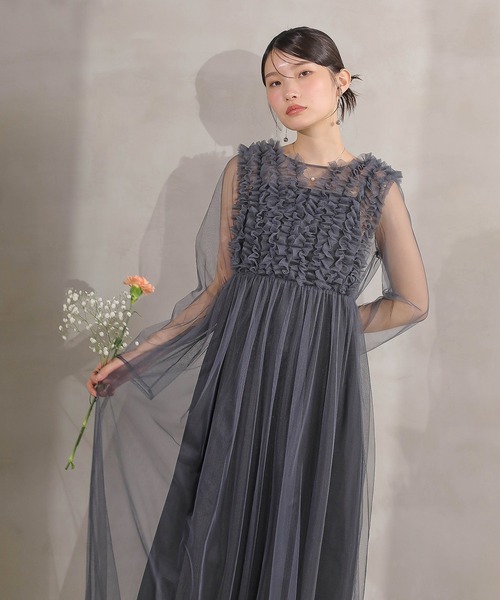 kana オケージョンドレス　お呼ばれドレス　チュールワンピース Mサイズ チュール ロング フリル Aライン ワンピース ドレス 2点セット