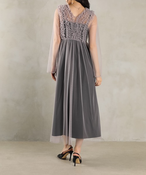 チュール ロング フリル Aライン ワンピース ドレス 2点セット