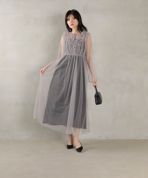 チュール ロング フリル Aライン ワンピース ドレス 2点セット