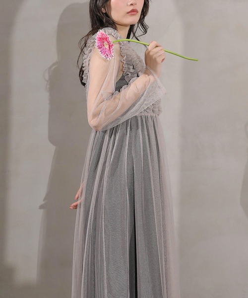 Kana（カナ）の「チュール ロング フリル Aライン ワンピース ドレス ２点セット パーティー 結婚式 お呼ばれ オケージョン（ドレス・レディース・ベージュ/チャコールグレー/バーガンディー・M）」の20枚目の写真