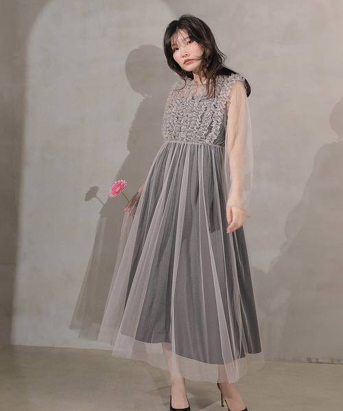 チュール ロング フリル Aライン ワンピース ドレス 2点セット