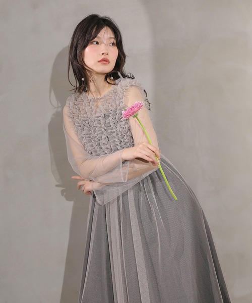 Kana（カナ）の「チュール ロング フリル Aライン ワンピース ドレス ２点セット パーティー 結婚式 お呼ばれ オケージョン（ドレス・レディース・ベージュ/チャコールグレー/バーガンディー・M）」の19枚目の写真