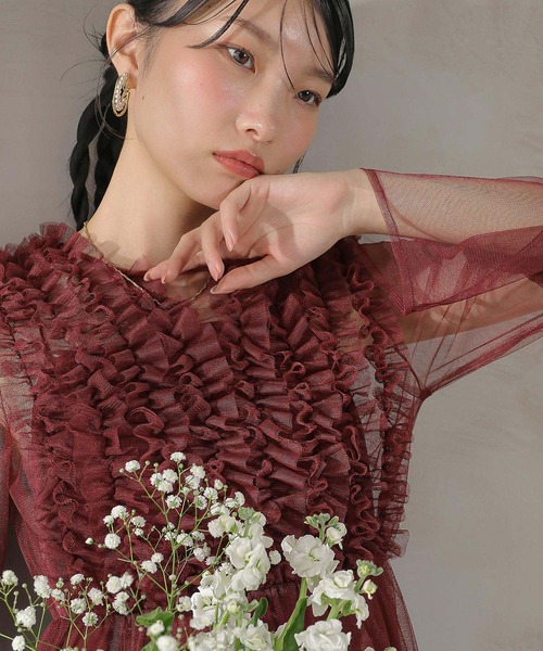 チュール ロング フリル Aライン ワンピース ドレス 2点セット