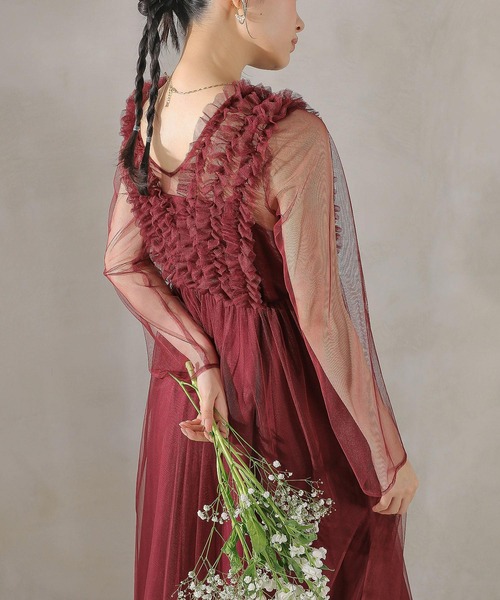 新品タグ　ドレス　kana オケージョン　ロングワンピース　チュールレース　カナ チュール ロング フリル Aライン ワンピース ドレス 2点セット