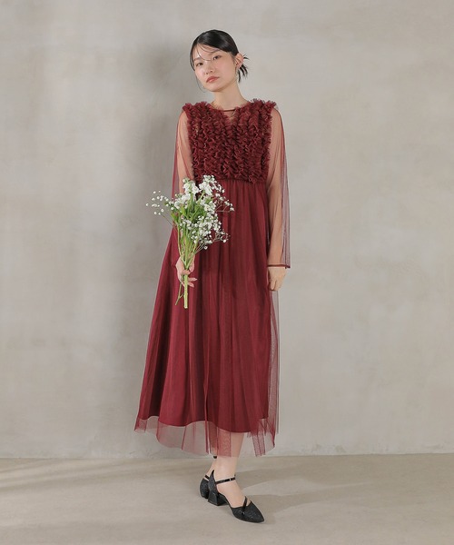 チュール ロング フリル Aライン ワンピース ドレス 2点セット