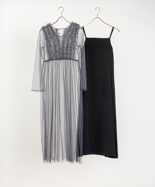 チュール ロング フリル Aライン ワンピース ドレス 2点セット