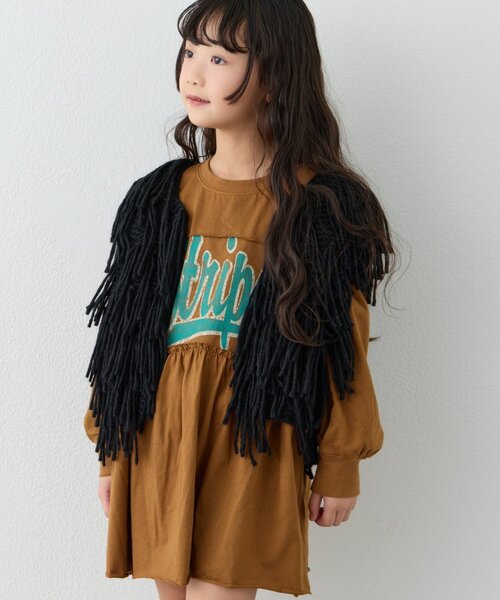 CIAOPANIC TYPY（チャオパニックティピー）の「【KIDS】【ジュニアサイズあり】洗える手編みタッチフリンジニットベスト（ベスト・キッズ・ブラック/ベージュ/キャメル・XX-LARGE/X-LARGE/LARGE/MEDIUM）」の6枚目の写真