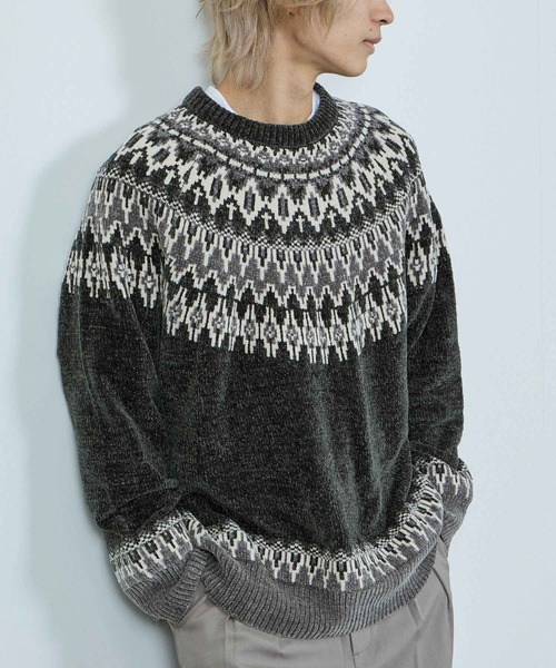 NAVY(ネイビー)の「NAVY トロリ求心柄モールニットプルオーバー(ニット/セーター・メンズ・グレイッシュベージュ/モカ/ネイビー/スミクロ・XL/L/M/S)」の1枚目の写真