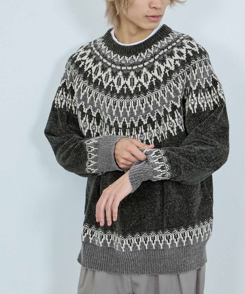 NAVY(ネイビー)の「NAVY トロリ求心柄モールニットプルオーバー(ニット/セーター・メンズ・グレイッシュベージュ/モカ/ネイビー/スミクロ・XL/L/M/S)」の5枚目の写真