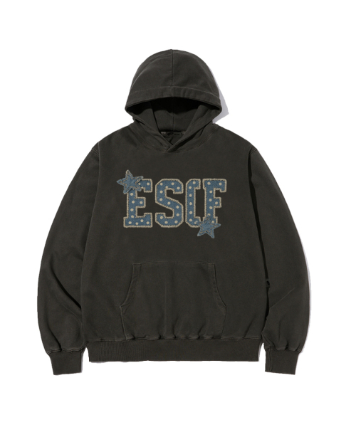 ESCAPEFROM（エスケープフロム）の「スターデニムパッチプリントピグメントフードパーカー チャコール（パーカー・レディース・その他・MEDIUM/LARGE）」の2枚目の写真