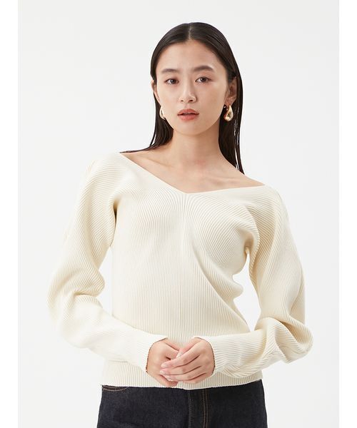 セール】Vネックカーブスリーブリブニットトップス（ニット/セーター