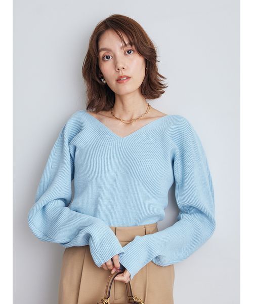 セール】Vネックカーブスリーブリブニットトップス（ニット/セーター