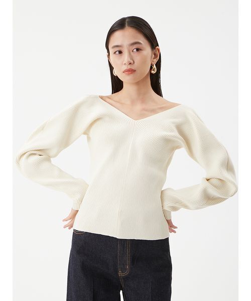 セール】Vネックカーブスリーブリブニットトップス（ニット/セーター