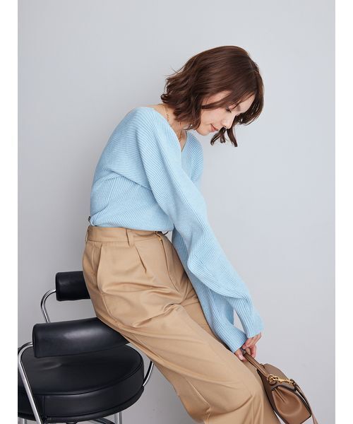 セール】Vネックカーブスリーブリブニットトップス（ニット/セーター