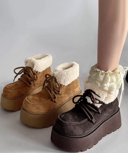 セール】厚底ムートンブーツもこもこショートブーツ（ブーツ