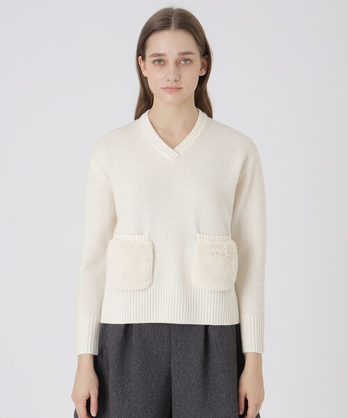 BLUE LABEL CRESTBRIDGE(ブルーレーベルクレストブリッジ)の「ラムズウールニットプルオーバー(ニット/セーター・レディース・オフホワイト/グレー系その他・38)」の1枚目の写真