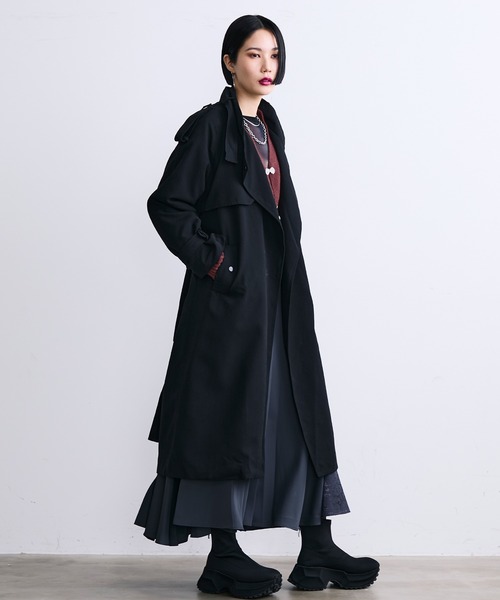 MONOe（モノエ）の「ベルト付き ロング トレンチコート レディース アウター きれいめ 通勤 オフィス（トレンチコート・レディース・グレー/ブラック/ベージュ・FREE）」の2枚目の写真