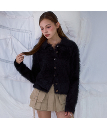Fur Collar Button Cardigan [Black]